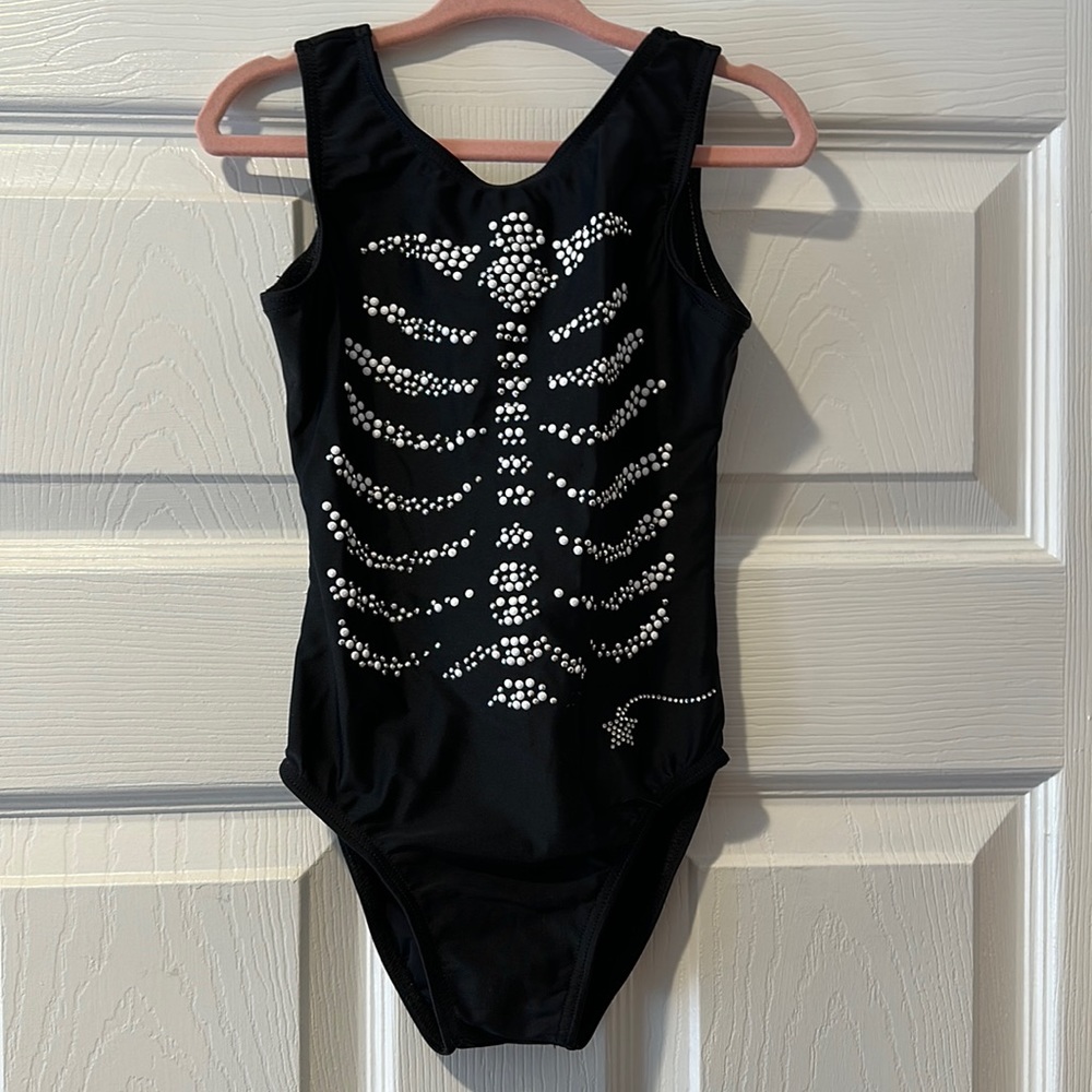 Destira girls leotard, black size Small, rhinestone skeleton bone